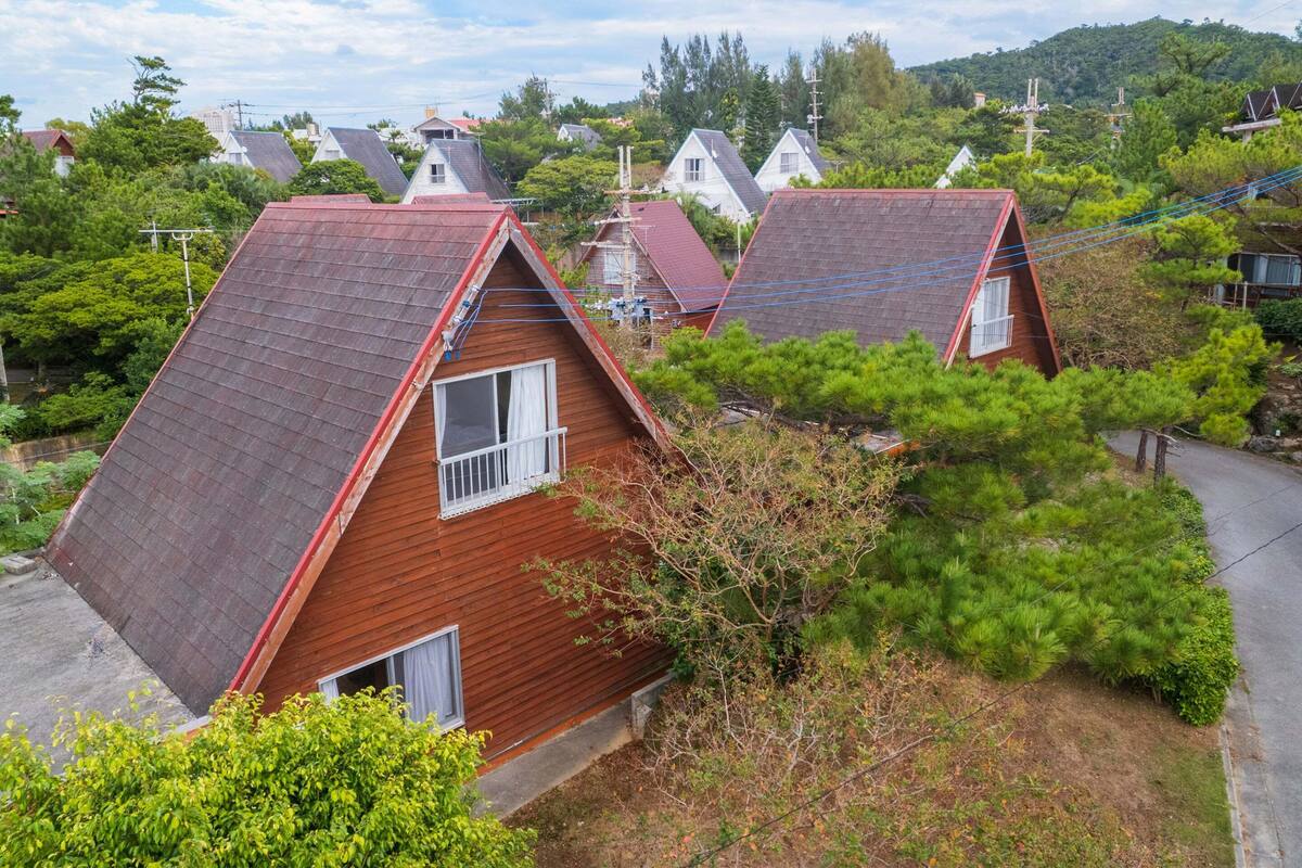 A row of A-frame houses with red roofs, surrounded by greenery and a hilly landscape.