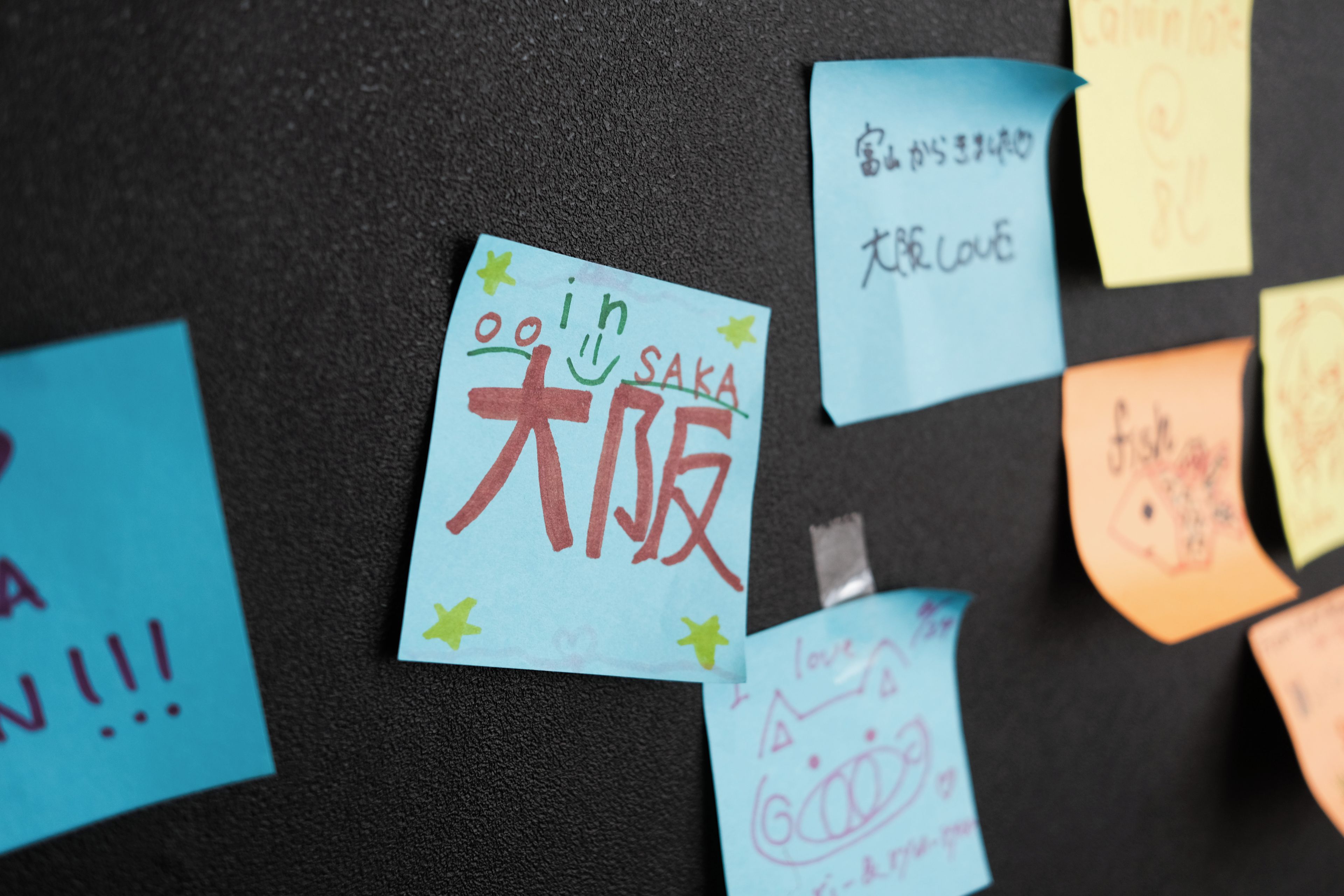 Paredes com vários post-its, alguns com texto e símbolos, e um com marca de mão.