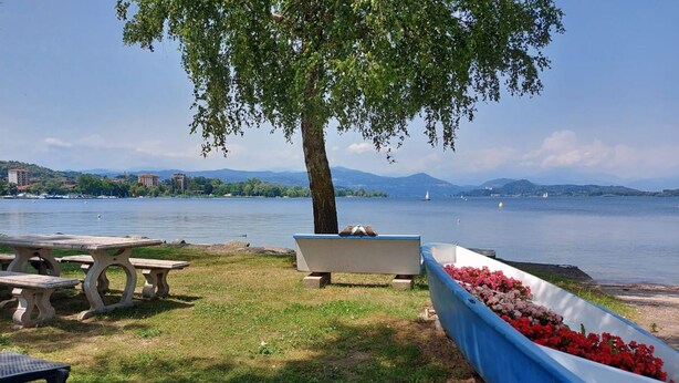 Un espace de pique-nique au bord du lac, équipé de bancs, d’un parterre floral en forme de bateau et d’une table de pique-nique.