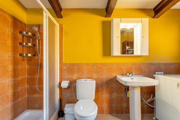 A bathroom with a shower, toilet, sink, and a mirror.
