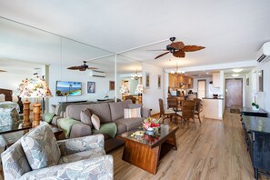 Flat-screen TV, DVD player, books, stereo