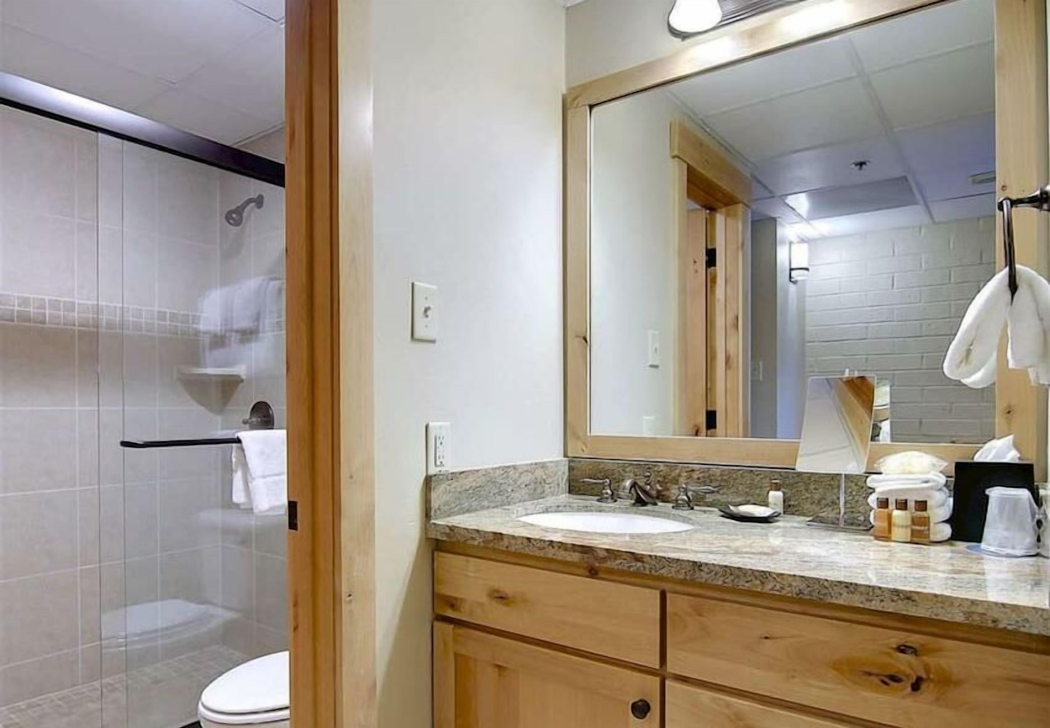 Une salle de bain moderne avec une douche à parois de verre, un meuble-lavabo en bois et un grand miroir.