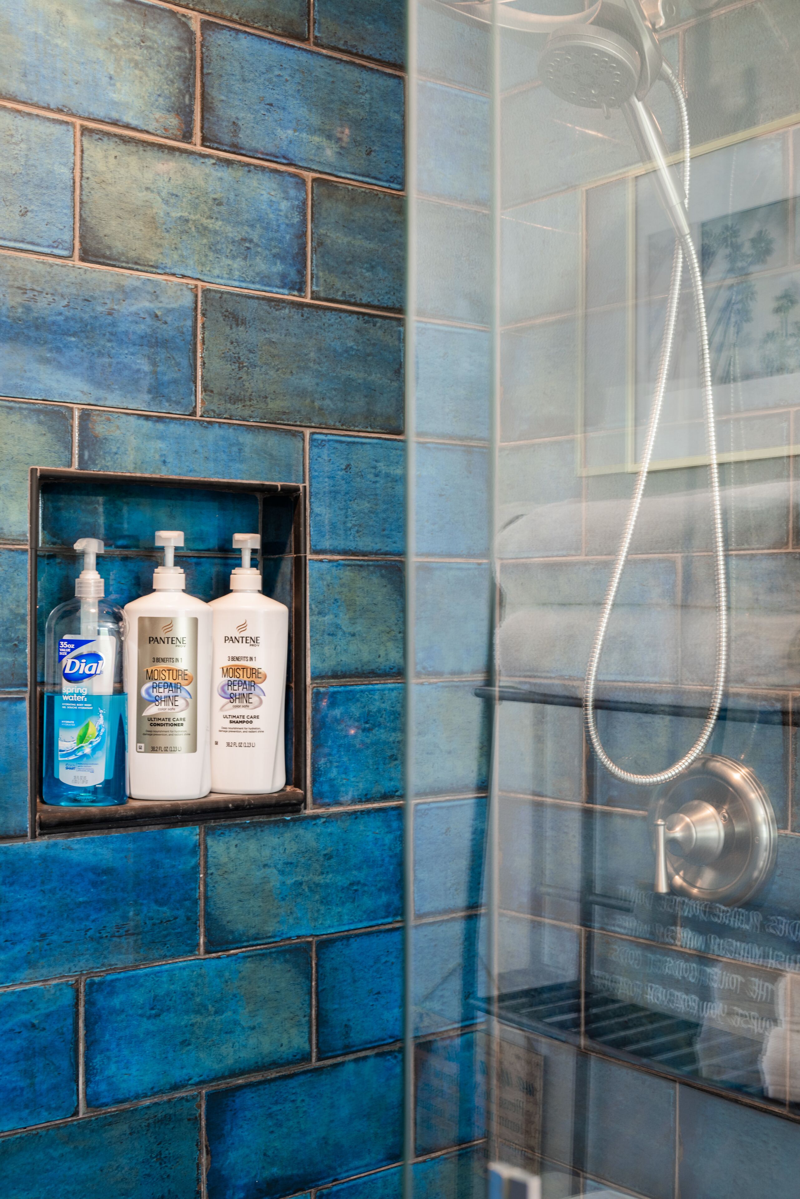 A bathroom with blue tiles, a shower enclosure, and a shelf with two bottles of Pantene shampoo and a bottle of Dial water.