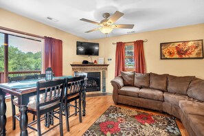 Smart TV, fireplace, DVD player, table football
