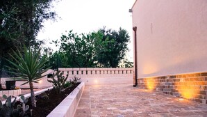 A paved courtyard with a brick floor, a low wall, and a row of cacti and a palm tree.