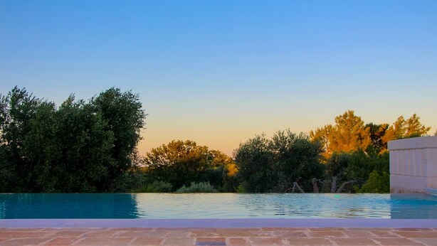 A swimming pool with a stone deck, surrounded by trees and a clear sky.