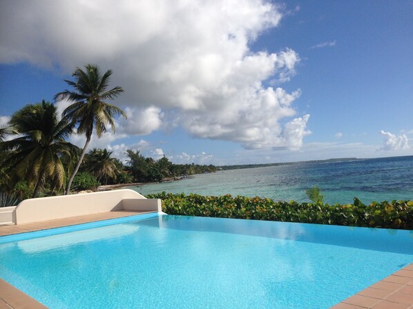 A clear blue pool with a view of the ocean and palm trees. - EDEN BLUE THE DREAM FEET IN THE WATER (SAINTE ANNE)