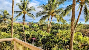 A balcony with a view of a lush tropical garden, palm trees, and distant mountains. - Maui Banyan - Ocean View G Condo (Kihei)