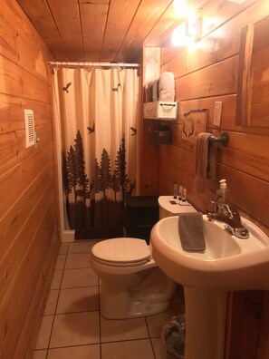 Dusj, hårføner, håndklær og såpe