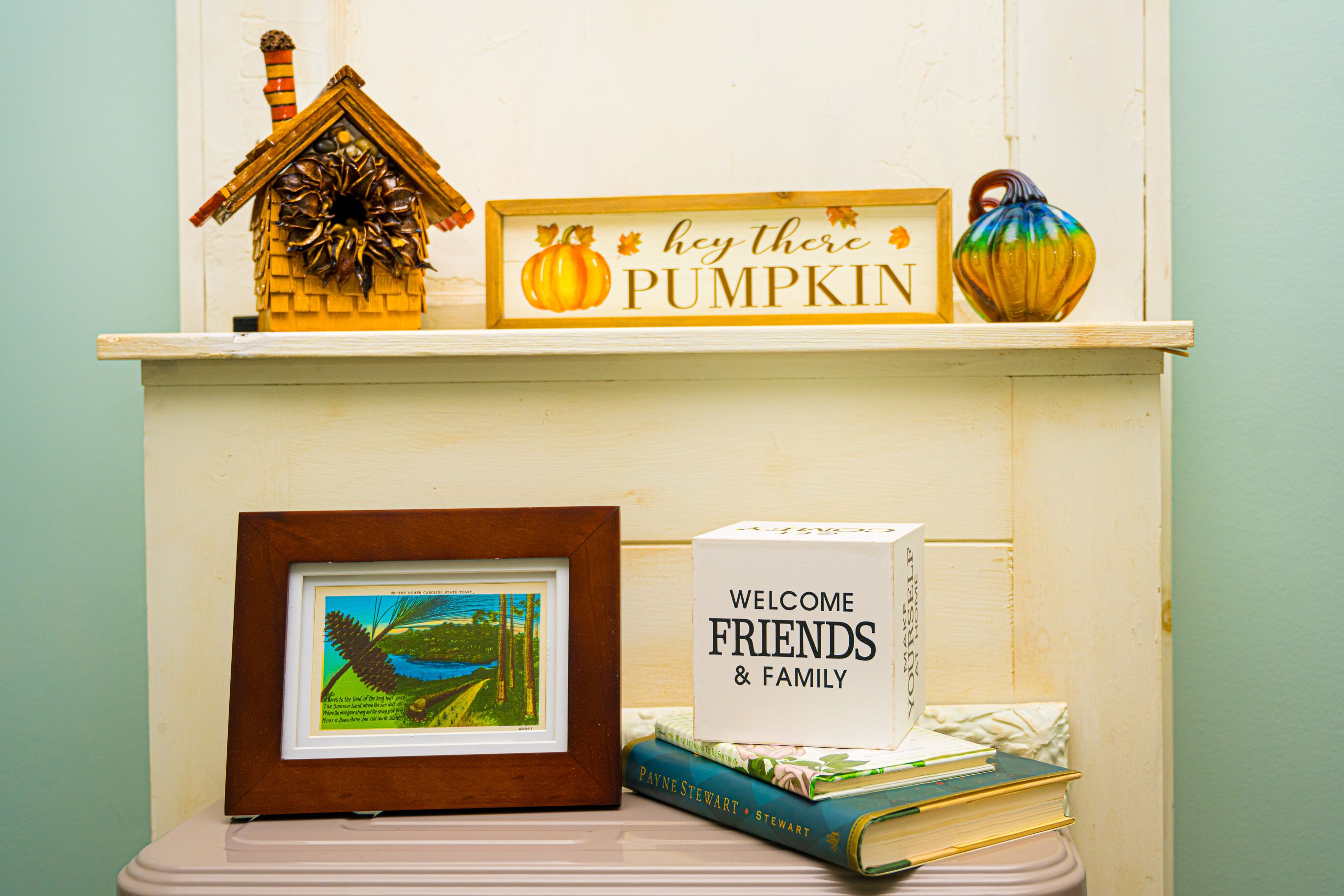 A shelf with a framed picture, a book titled 'Welcome Friends & Family', and a decorative pumpkin sign.