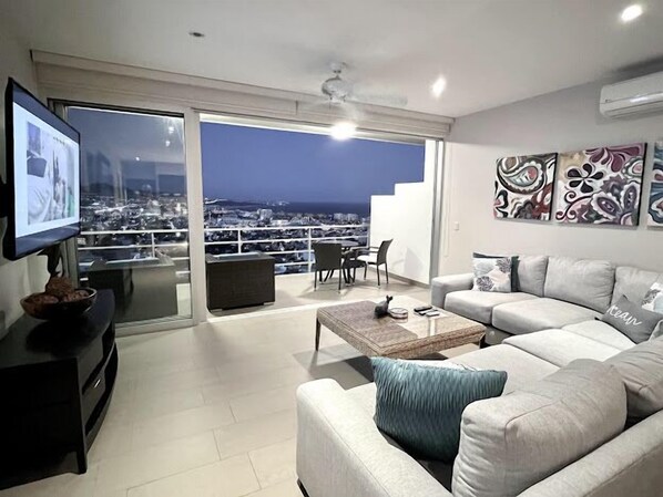 TV, DVD player, music library, stereo