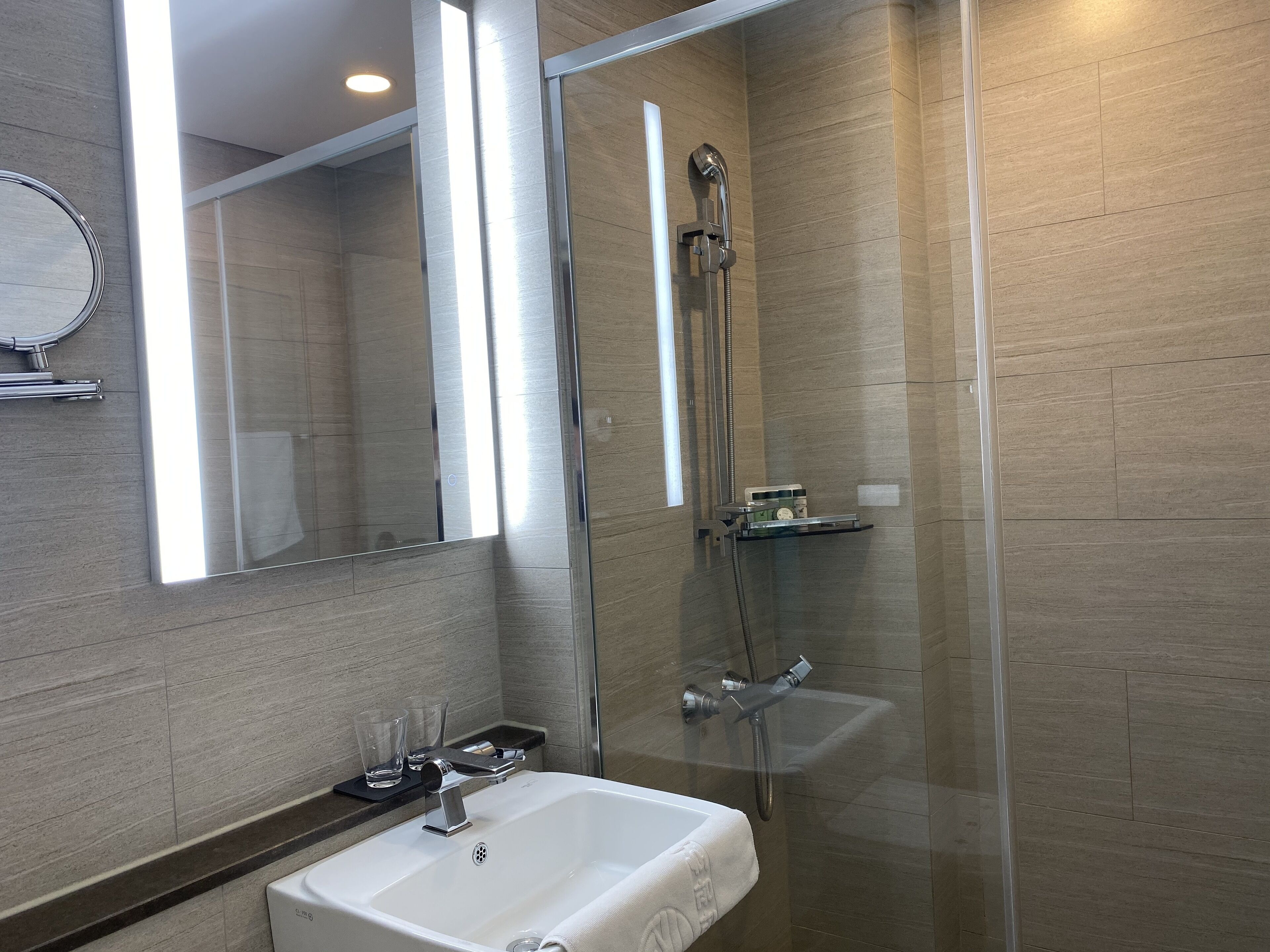 A modern bathroom with a glass-enclosed shower, a white sink, and a mirror.