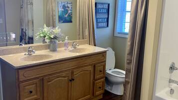 Hair dryer, towels, soap, shampoo