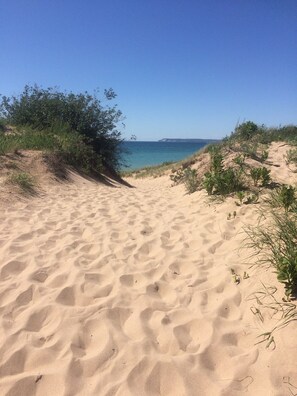A sandy beach path leading to the sea with sparse vegetation on the sides. - Beautiful Big Platte Lake Shared Waterfront Rental Home (Honor)