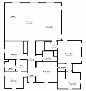 A floor plan of a house with a kitchen, dining room, living room, bedrooms, hallways, powder room, study room, foyer, owner's suite, walk-in closet, and owner's bath.