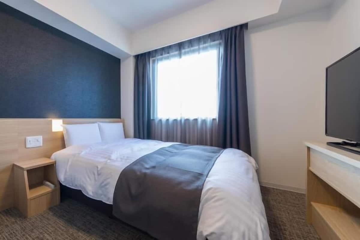 Une chambre d’hôtel avec un lit, des tables de chevet, une télévision et une fenêtre avec des rideaux.