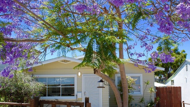Una casa con garaje, cerca viva de madera y árboles florecientes de color morado.