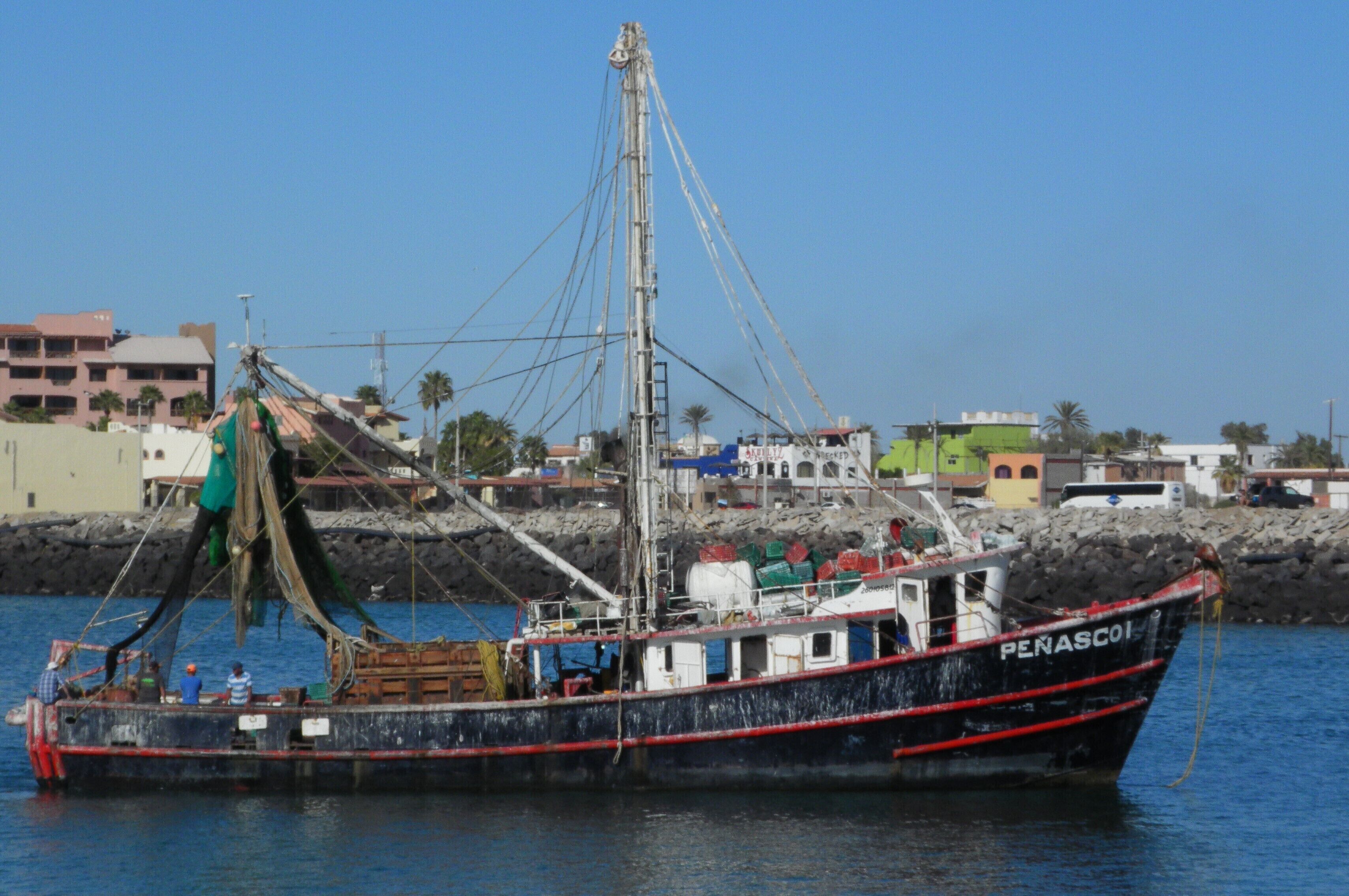 A fishing boat named PENASCOLI docked at a harbor with buildings in the background.