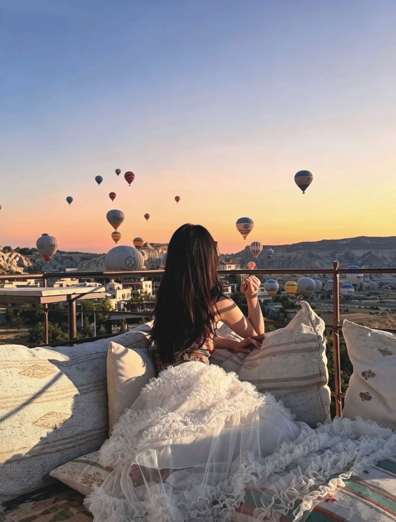 A person sitting on a balcony overlooking a cityscape with hot air balloons in the distance.