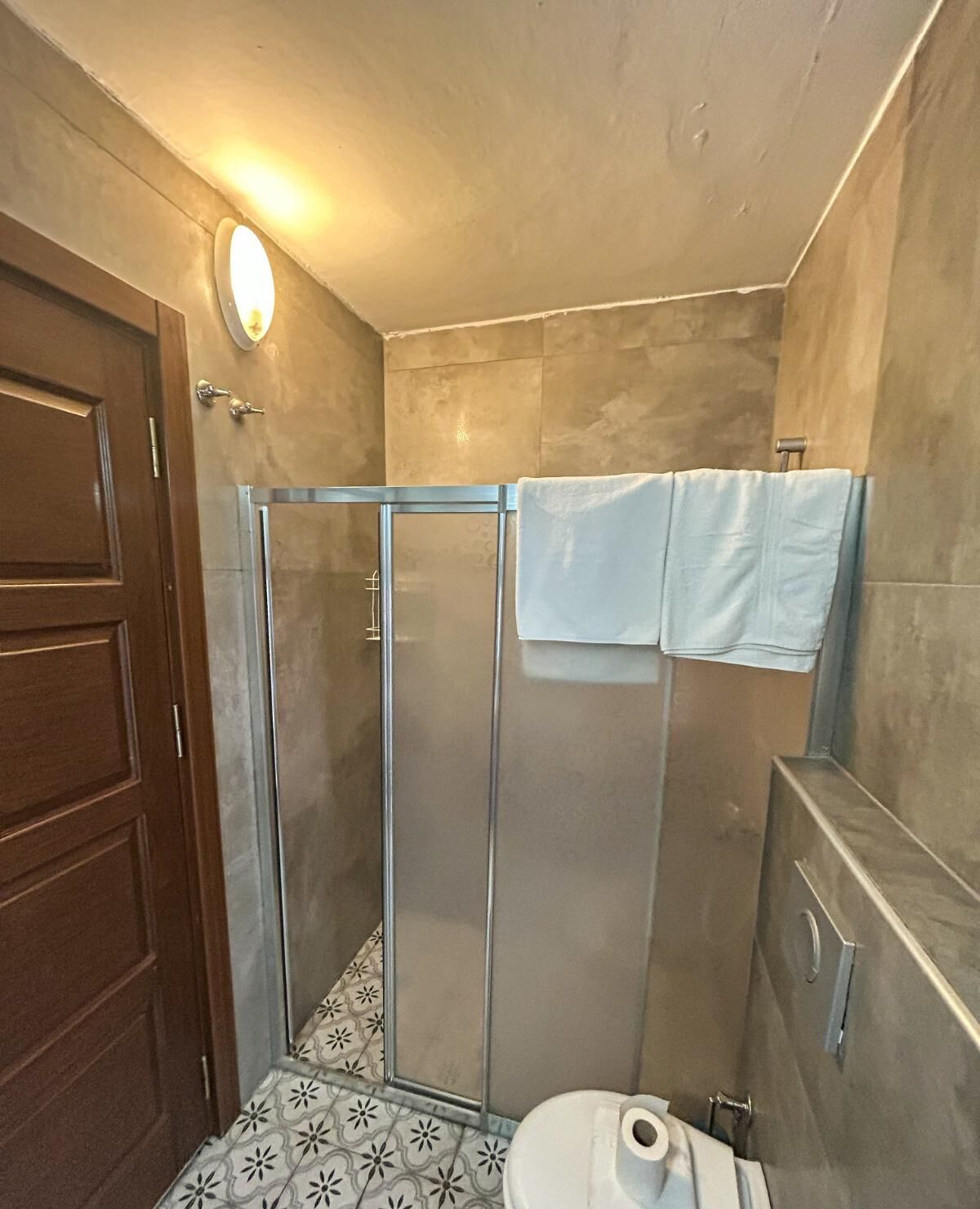 A bathroom with a glass shower enclosure, a toilet, and a towel rack.