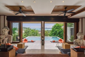 A modern room with a pool view, ceiling fans, and large windows.