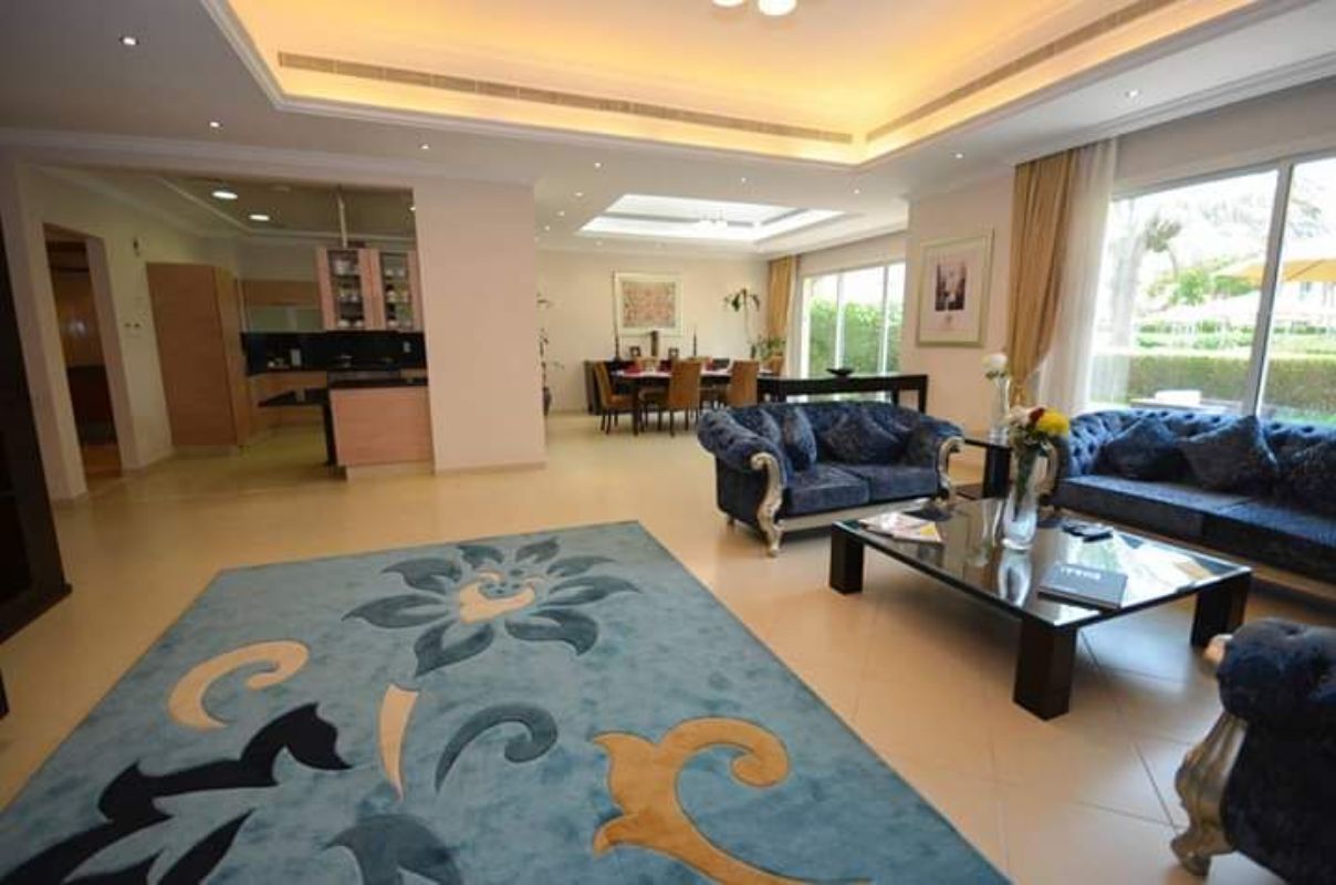 A modern living room with a sofa, coffee table, and a rug with a floral pattern.