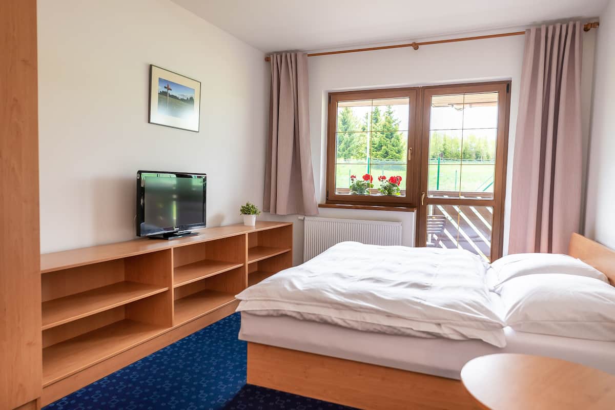 Un dormitorio con una cama, un televisor sobre una repisa de madera, una ventana con cortinas y vistas a un jardín.