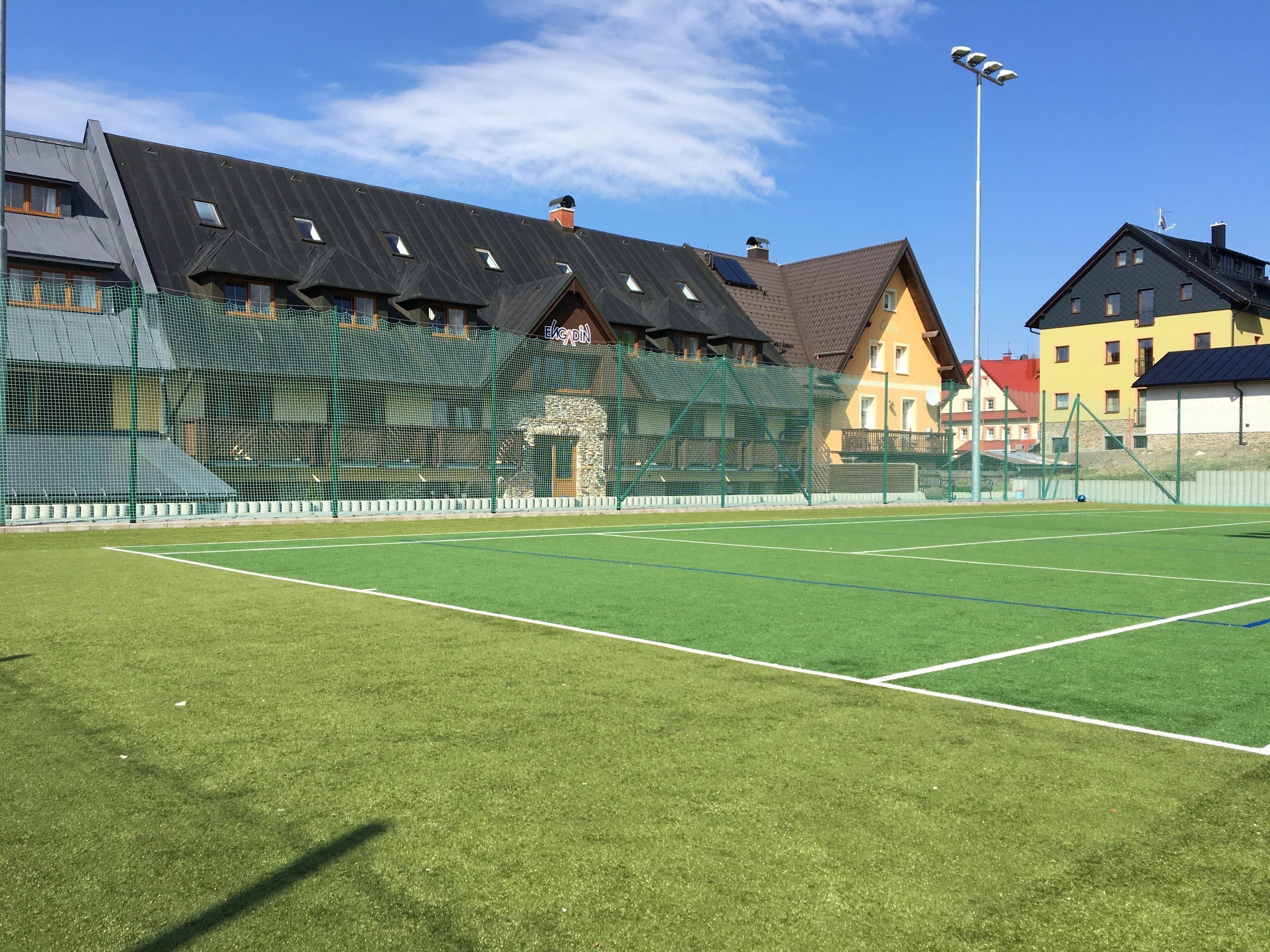 Un campo de fútbol con porterías y una red, rodeado de casas de diversos estilos arquitectónicos.