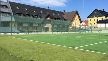 Un campo de fútbol con porterías y una red, rodeado de casas de diversos estilos arquitectónicos.