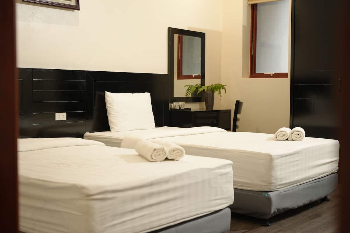 Habitación de hotel con dos camas individuales, una mesita de noche, un espejo, una planta en maceta y una ventana.