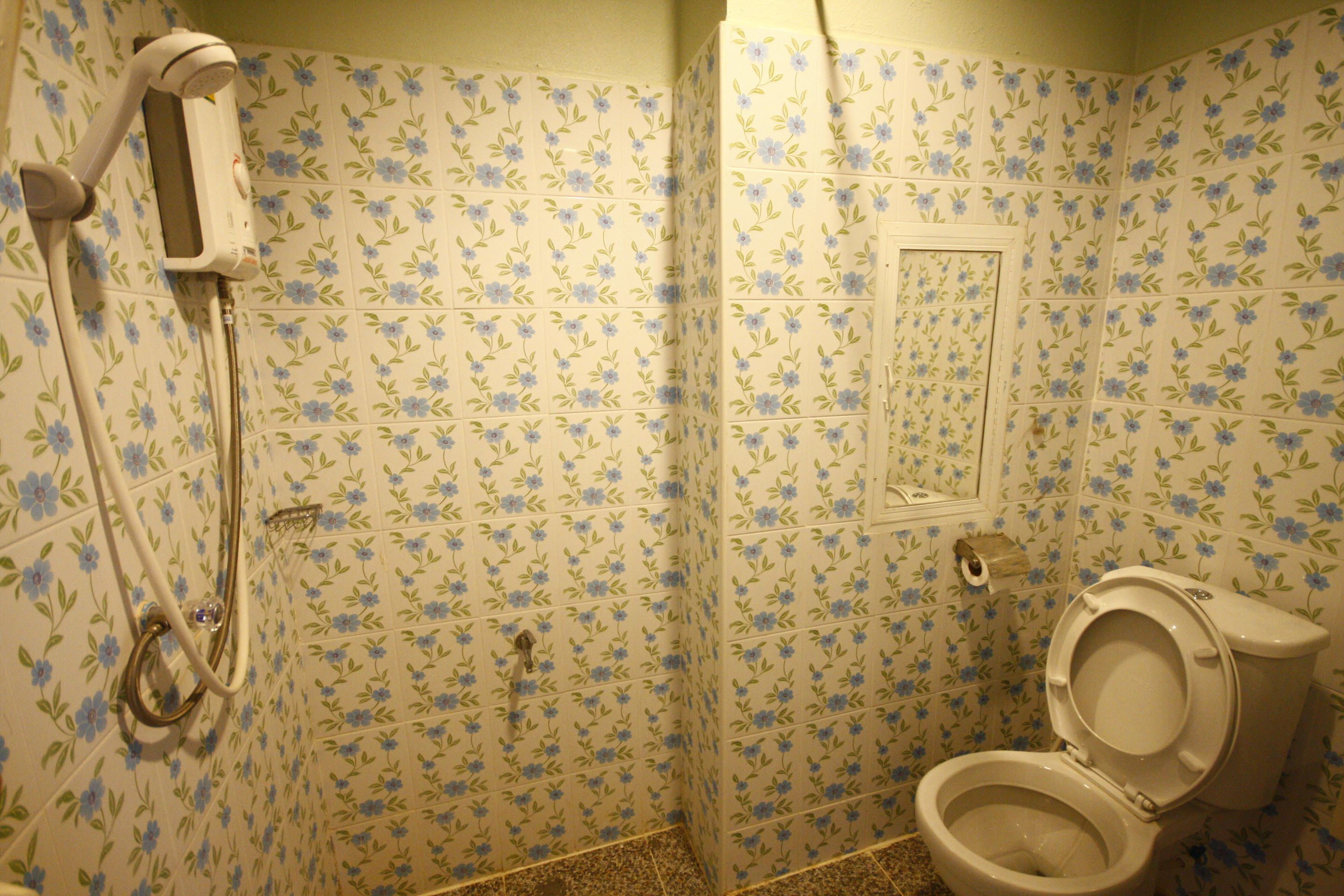 Une salle de bain avec des carreaux à motifs floraux, des toilettes et une douche équipée d’un pommeau de douche amovible.