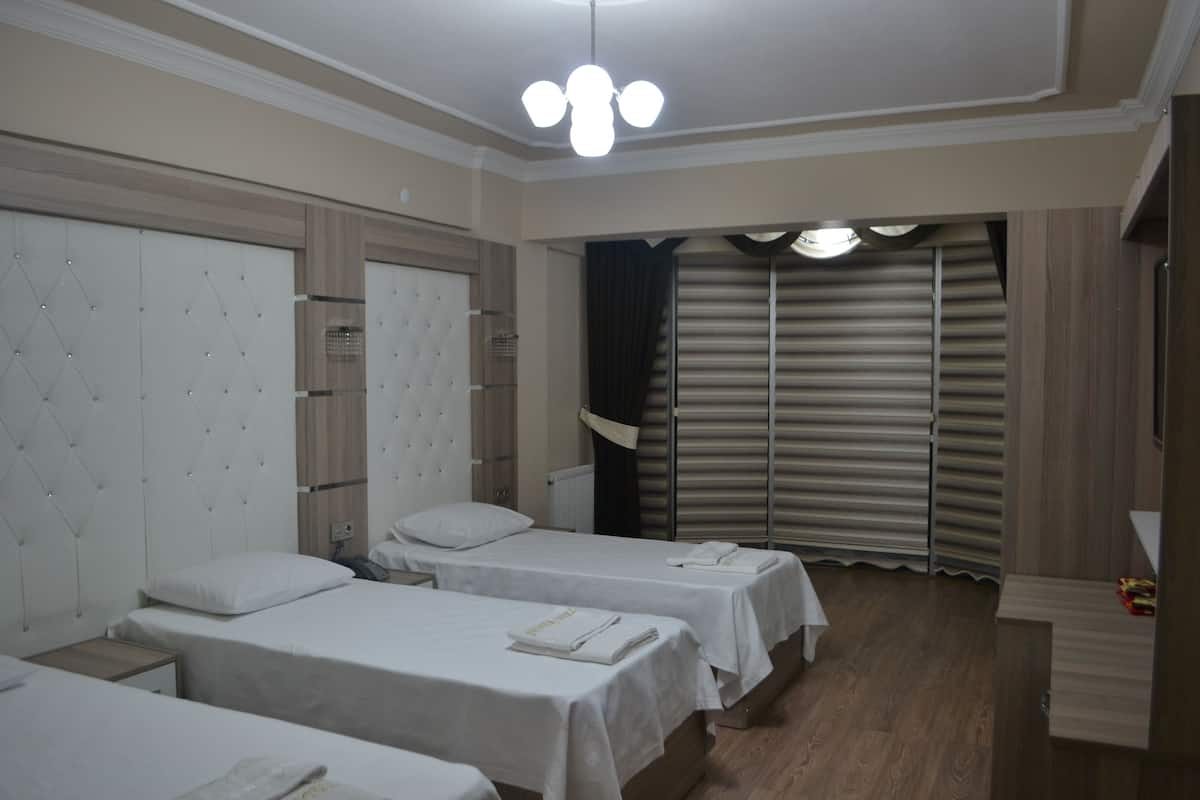 A hotel room with two single beds, a large mirror, a wardrobe, and a ceiling light fixture.