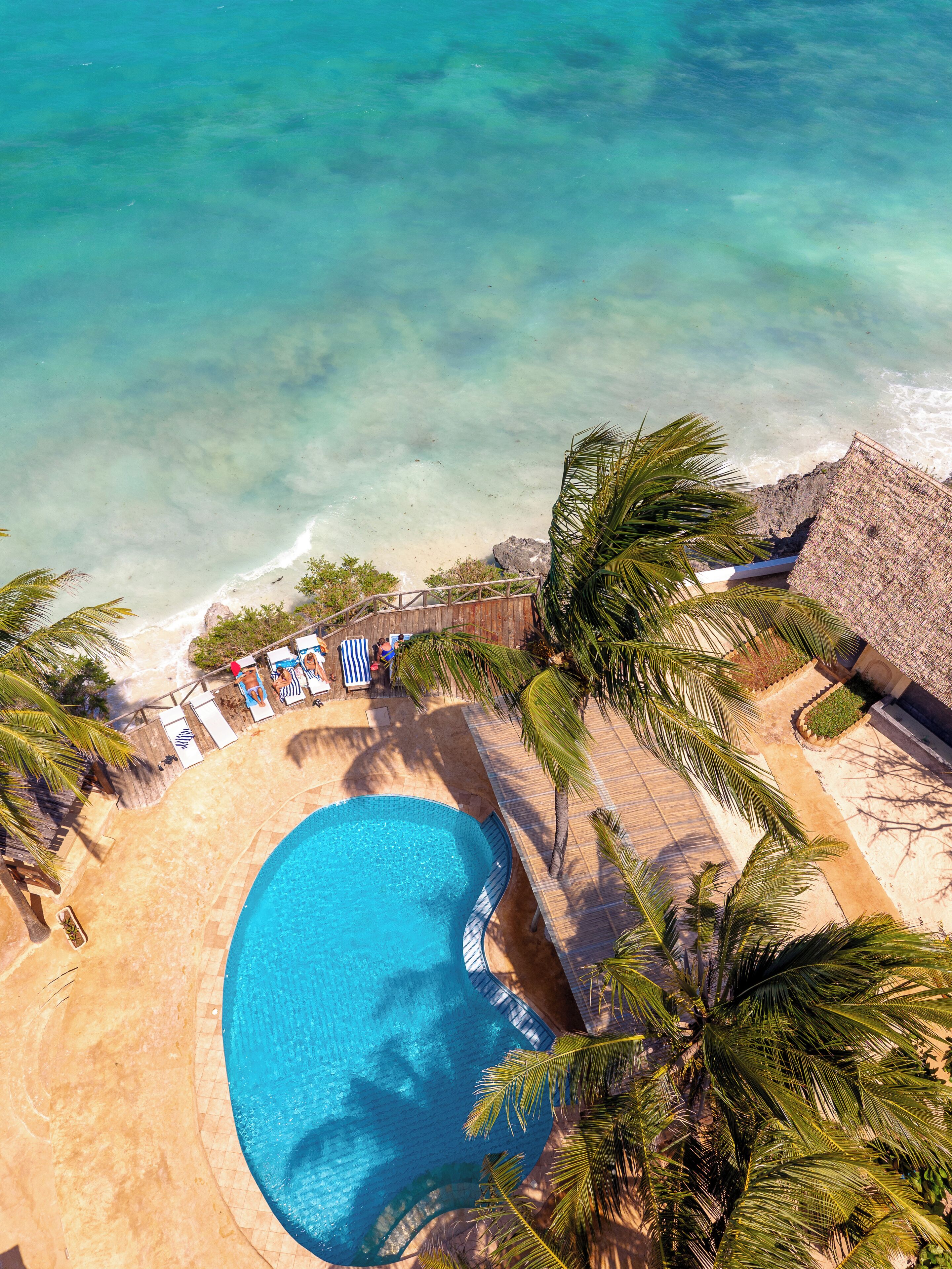 Outdoor pool, pool umbrellas, sun loungers