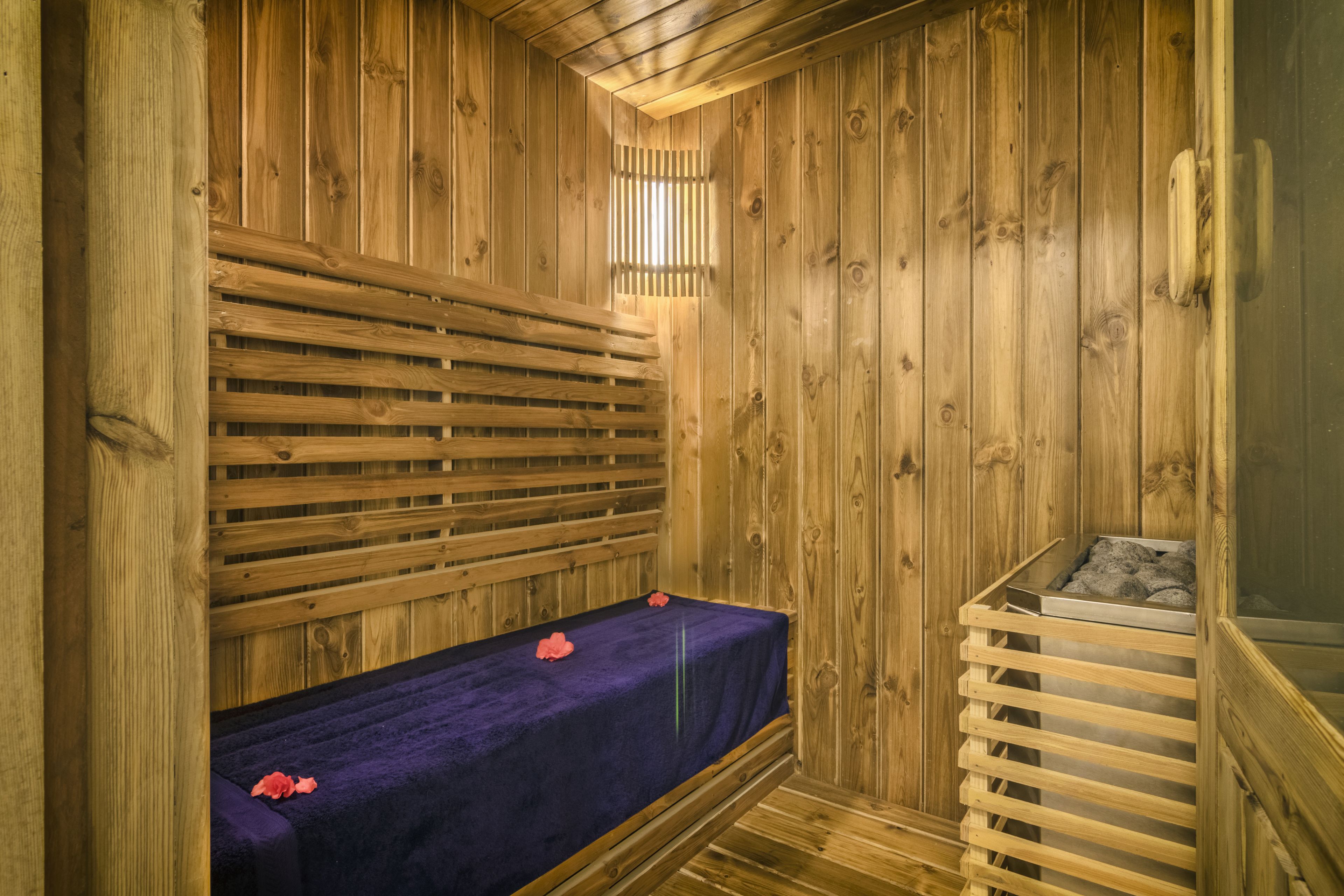 A wooden sauna with a bench and a bench with a purple cover.