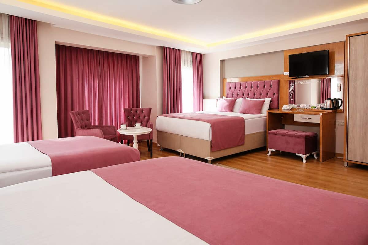 Una habitación de hotel con cama, escritorio, silla, televisor y armario.