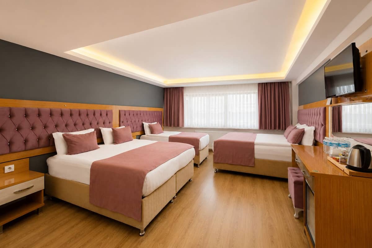 Habitación de hotel con una cama grande, una cama más pequeña, un escritorio con espejo y una ventana con cortinas.