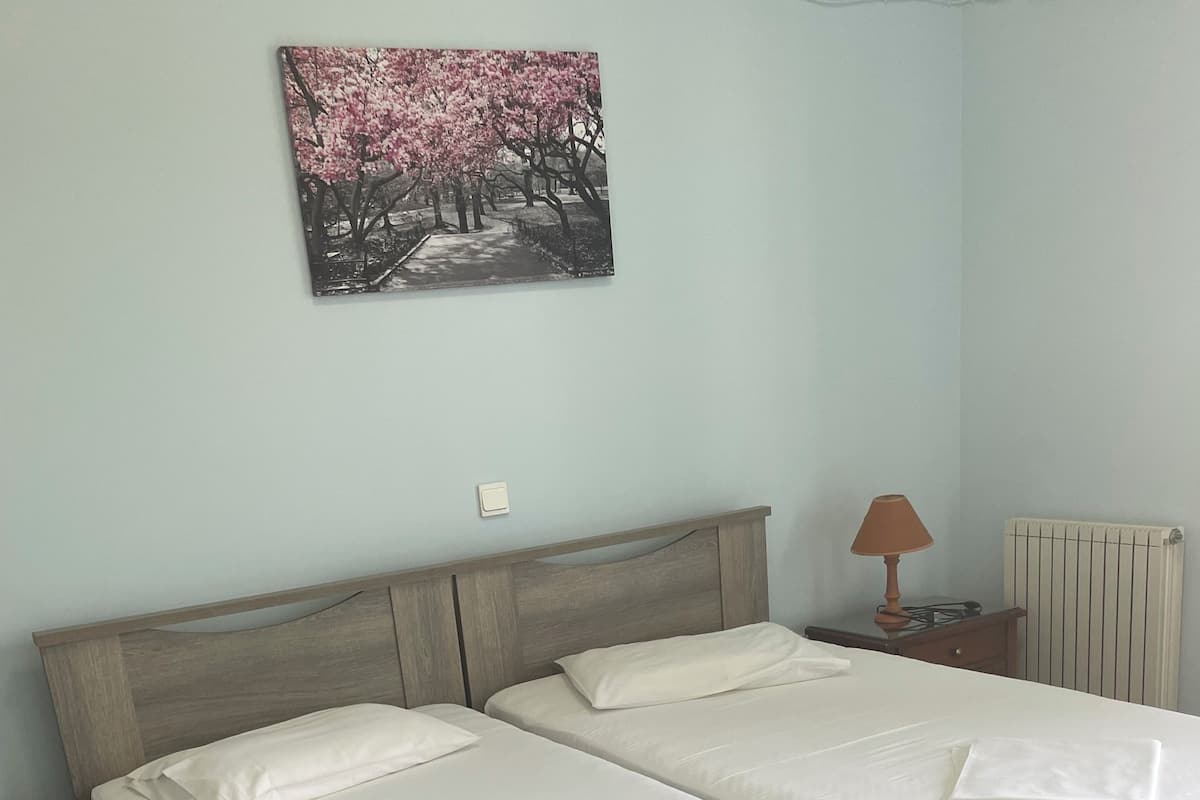 A double bed with a wooden headboard, a bedside table with a lamp, and a radiator on the wall.