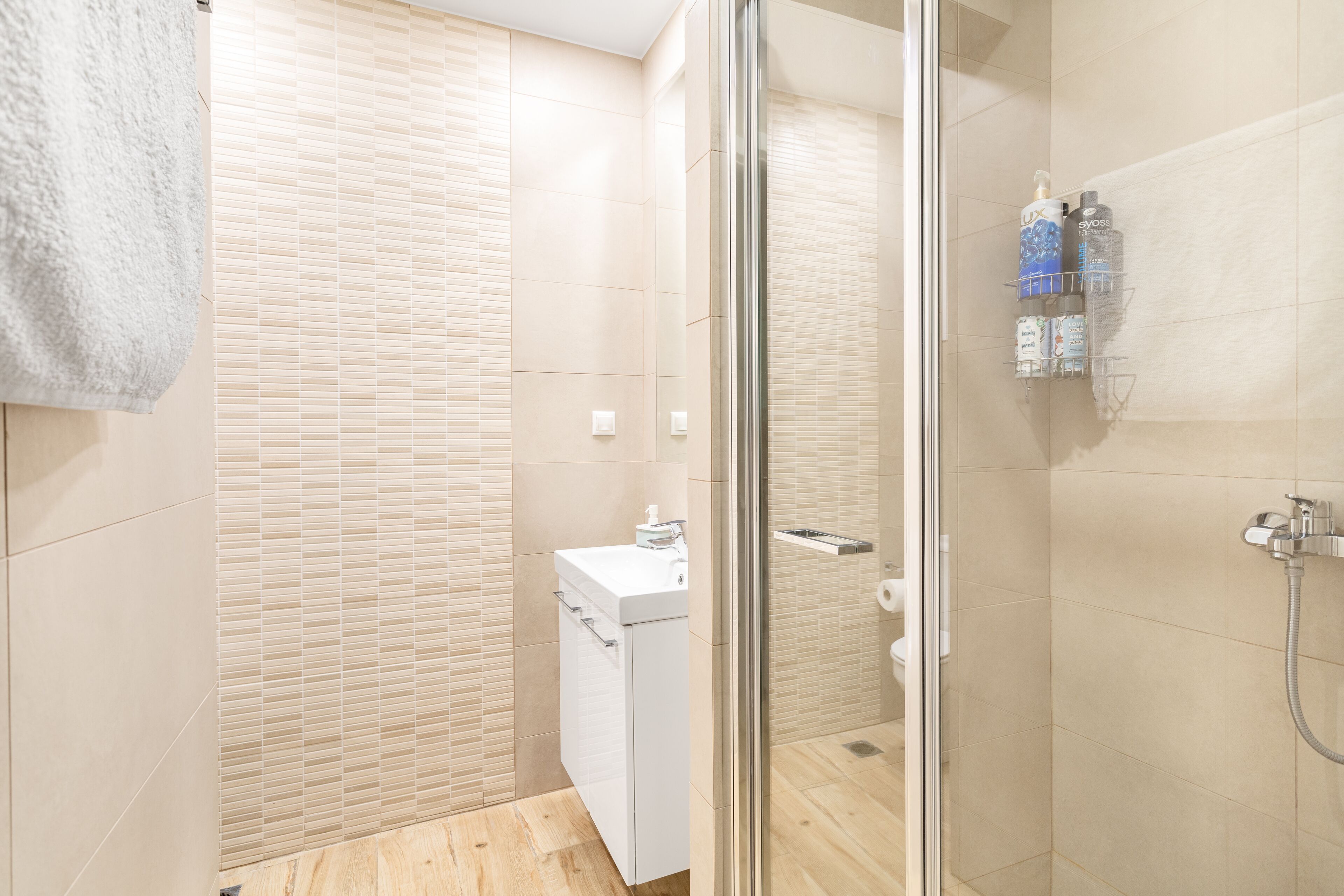 A modern bathroom with a glass shower enclosure, a white sink, and a toilet.