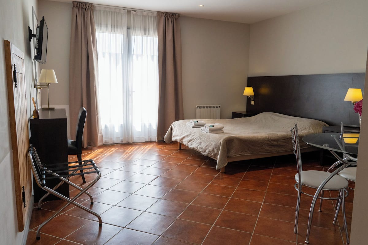 A hotel room with a bed, a desk, two chairs, a lamp, and a radiator.