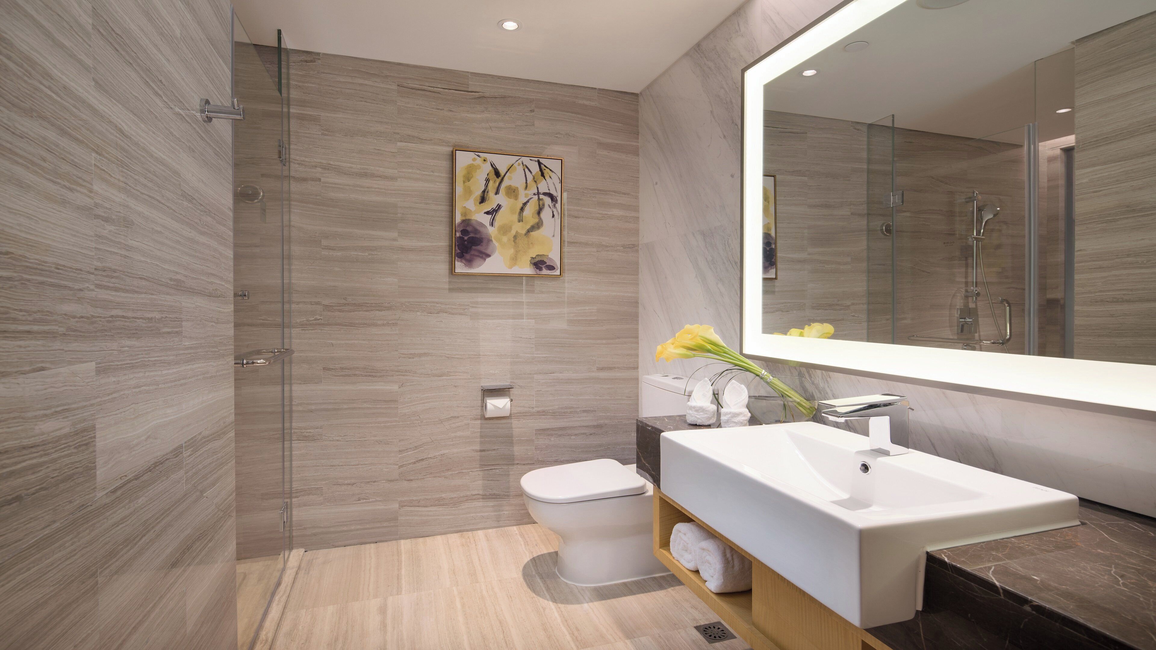 A modern bathroom with a glass shower enclosure, a white toilet, a large mirror, and a vanity with a sink.
