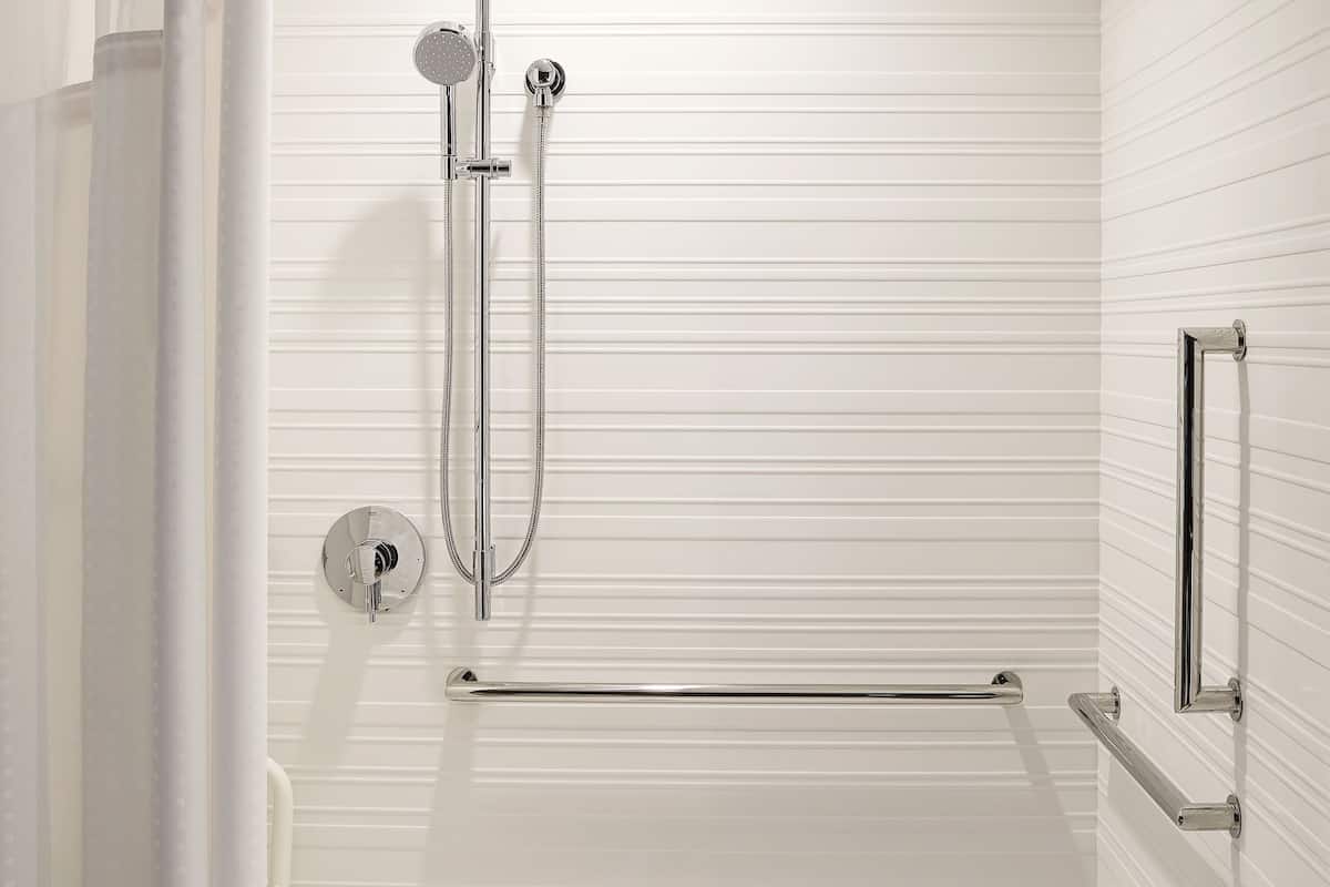 ห้องพัก, เตียงคิงไซส์ 1 เตียง และโซฟาเบด (Mobility Accessible, Roll-In Shower) | ห้องน้ำ | ฝักบัว, ของใช้ในห้องน้ำฟรี, ไดร์เป่าผม, ผ้าเช็ดตัว