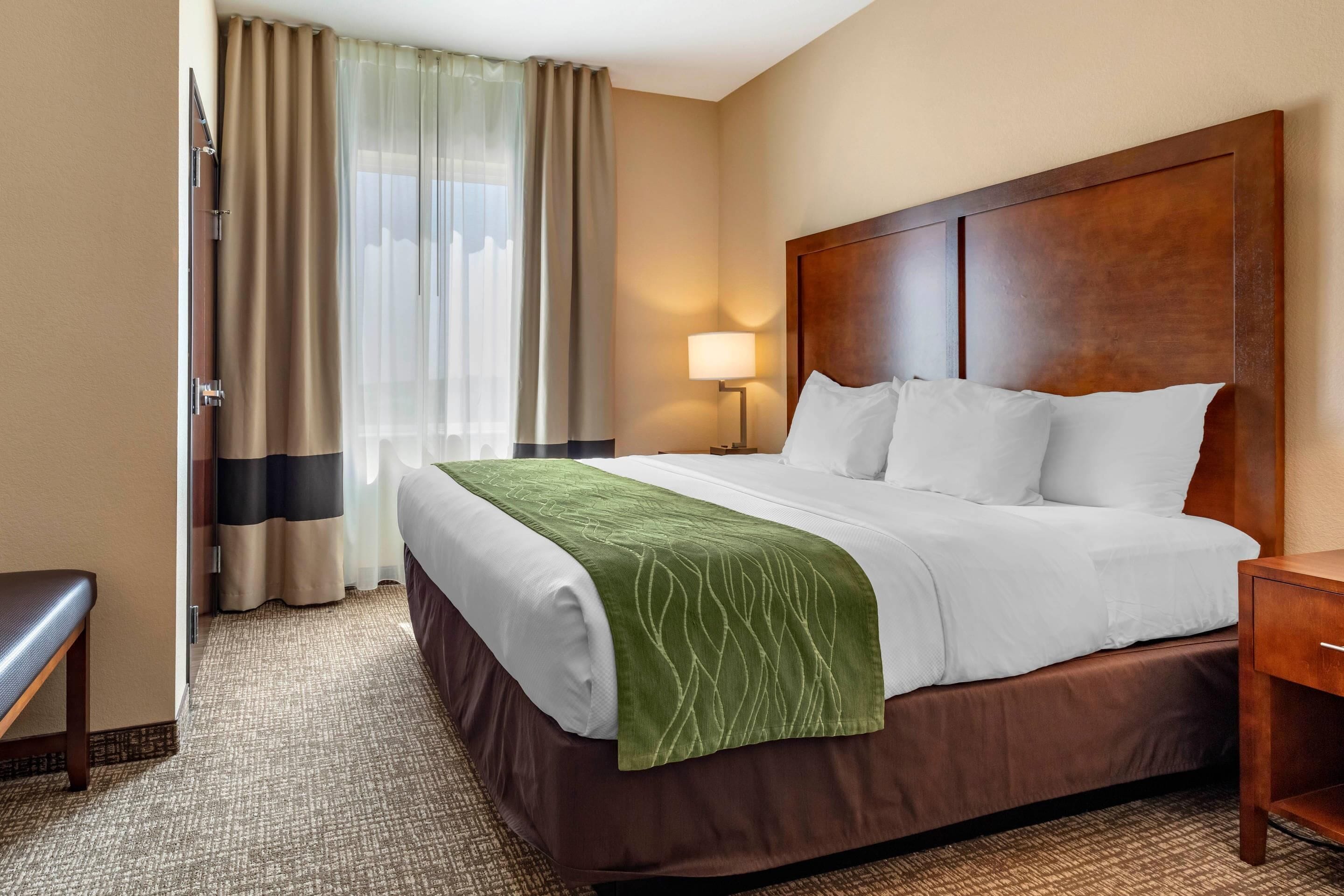 Habitación de hotel con una cama grande, una mesita de noche, una lámpara y vistas al exterior por la ventana.