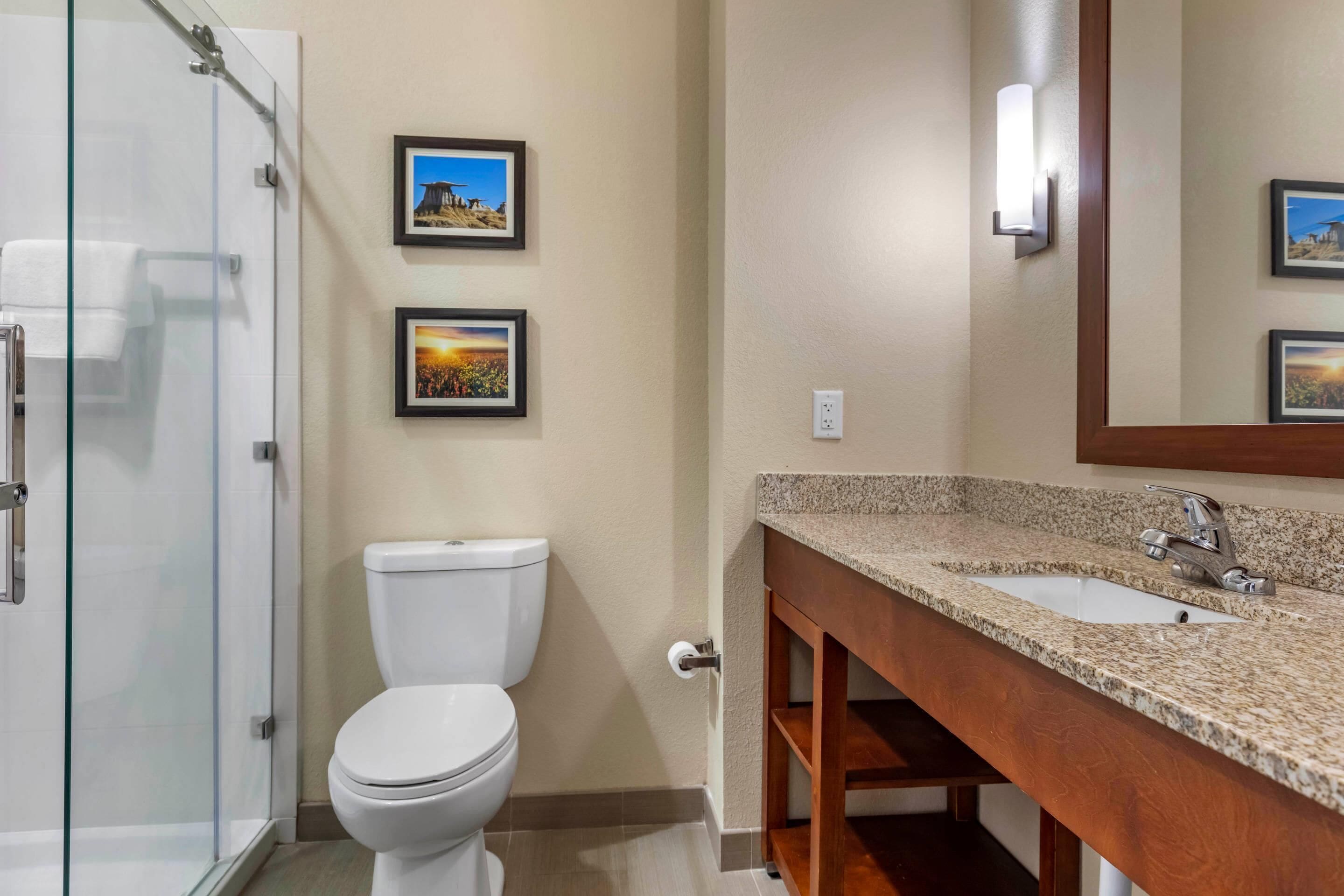 A bathroom with a toilet, a sink, a mirror, and two framed pictures on the wall.