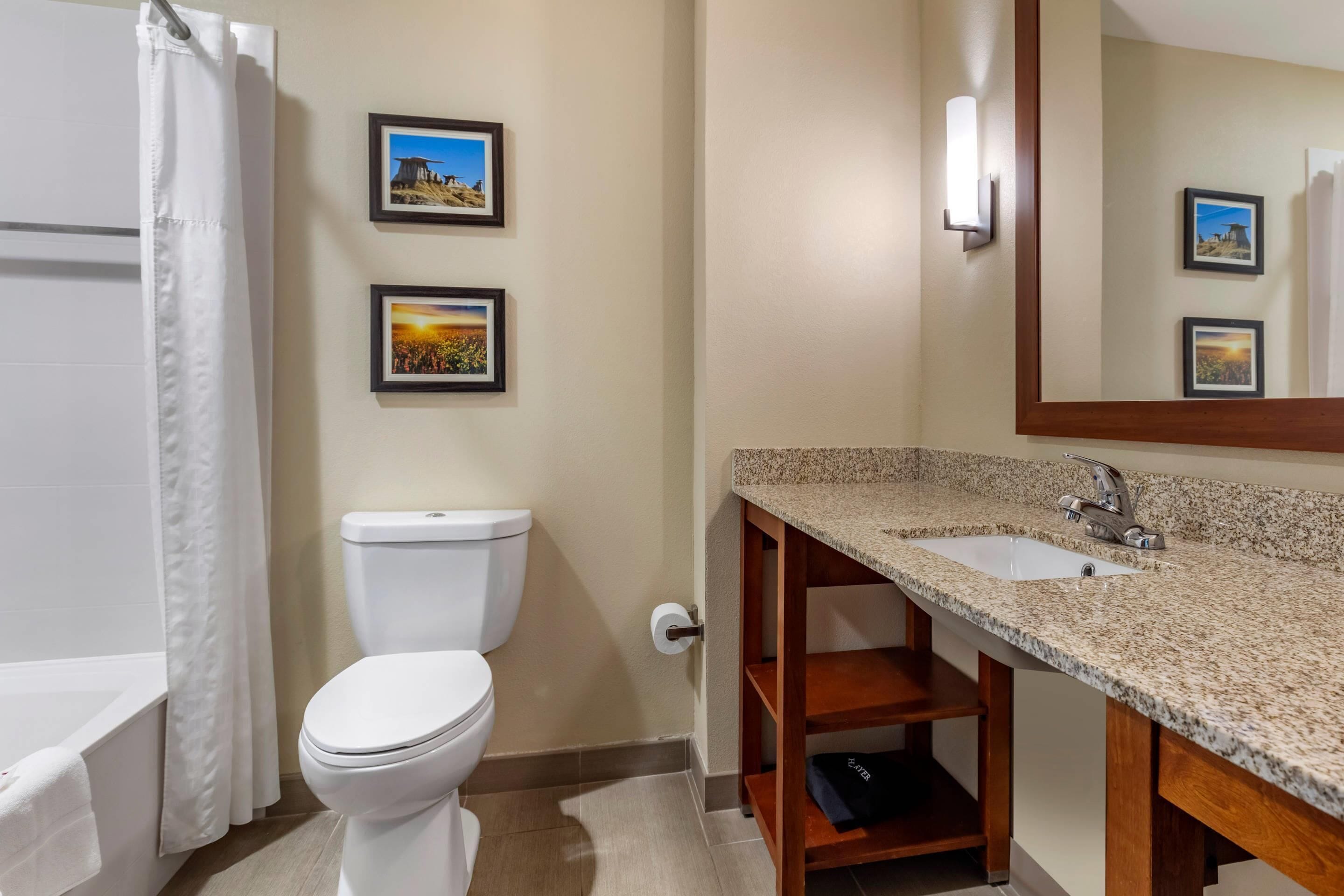 Un baño con inodoro, lavamanos y espejo.