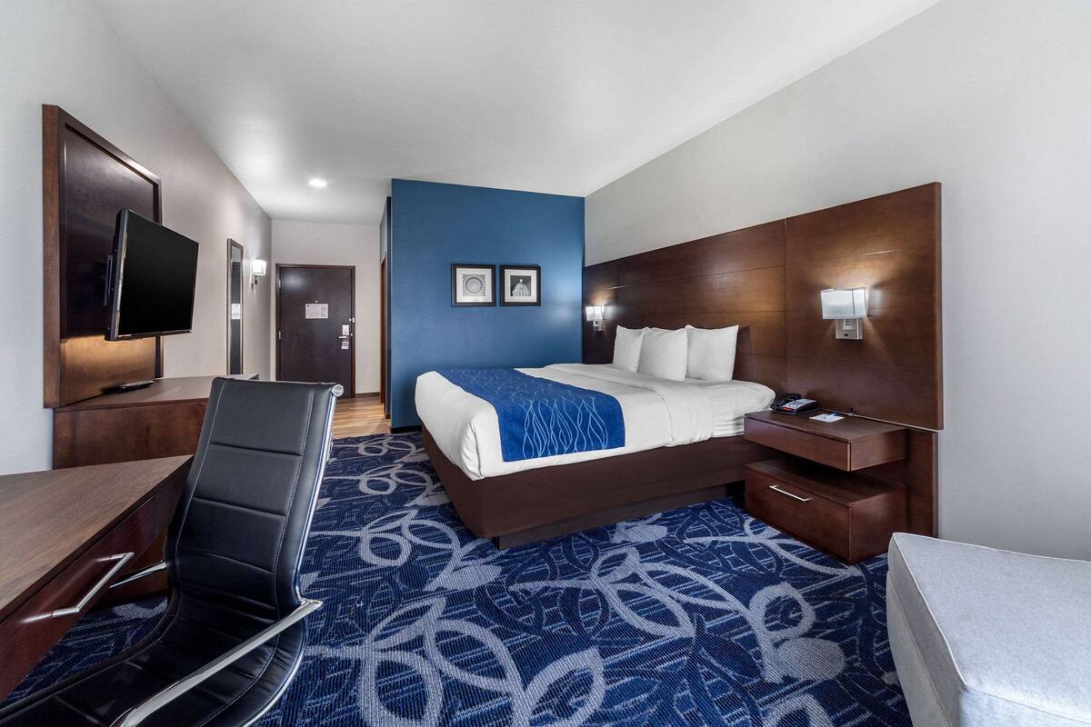 A hotel room with a bed, a desk, a chair, a television, and a nightstand.