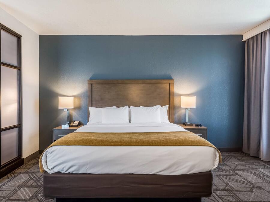 A hotel room with a large bed, two bedside lamps, a headboard, and a window with curtains.