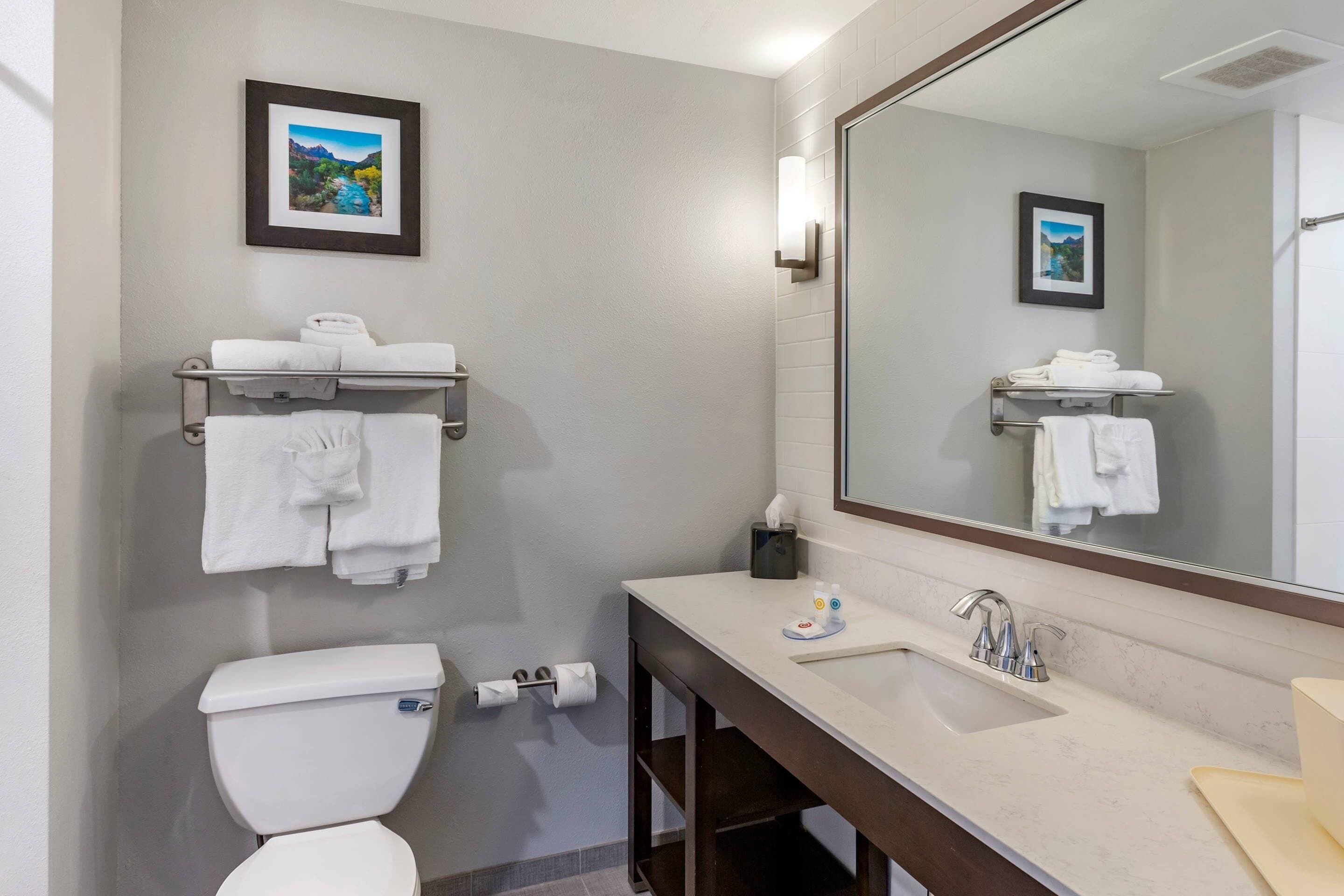 Un baño moderno con inodoro, lavamanos y toallero.