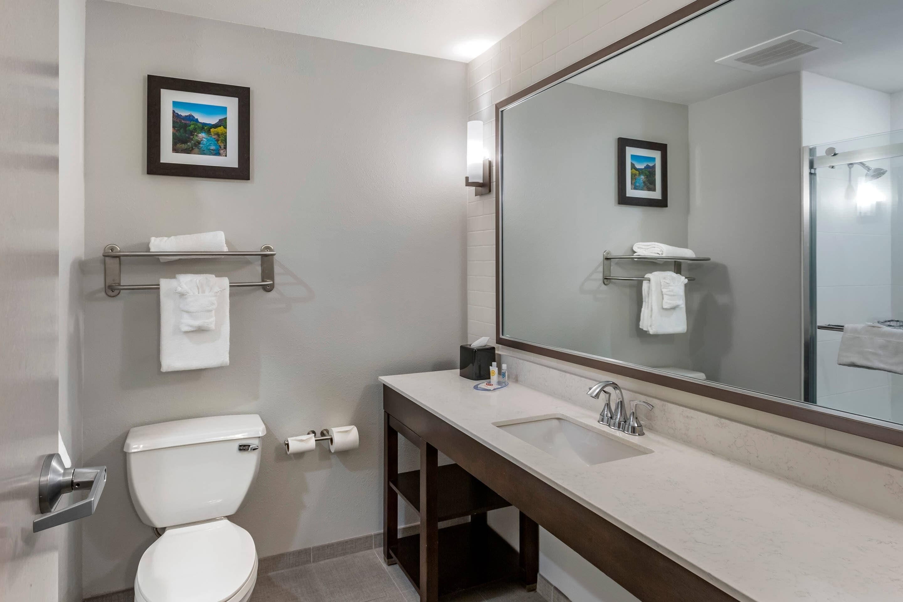 A modern bathroom with a toilet, sink, and large mirror. There are towels on a rack and a framed picture on the wall.