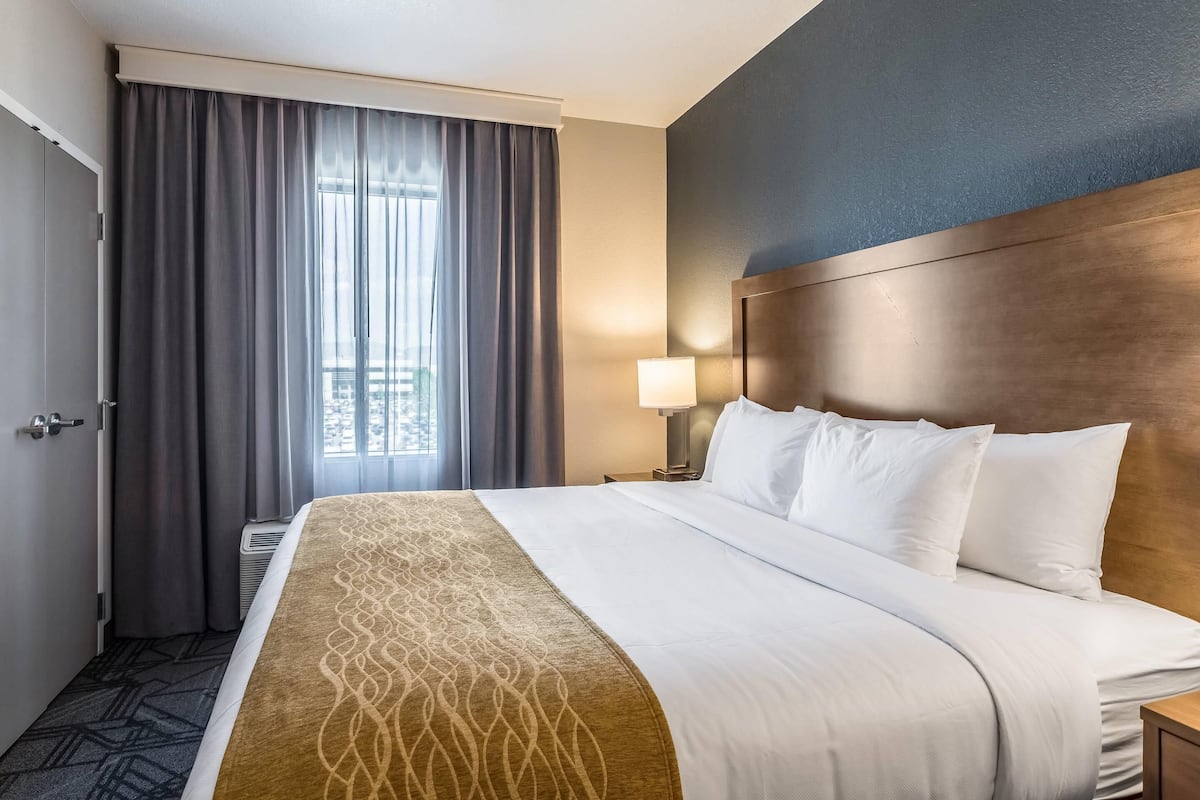 Une chambre d’hôtel avec un grand lit, une tête de lit, une table de chevet avec une lampe et une fenêtre avec des rideaux.