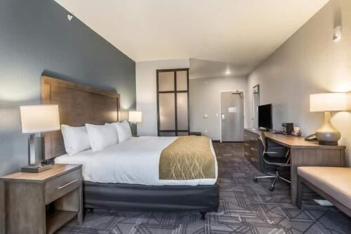 Une chambre d’hôtel équipée d’un lit, d’un bureau, d’une chaise et d’un téléviseur.